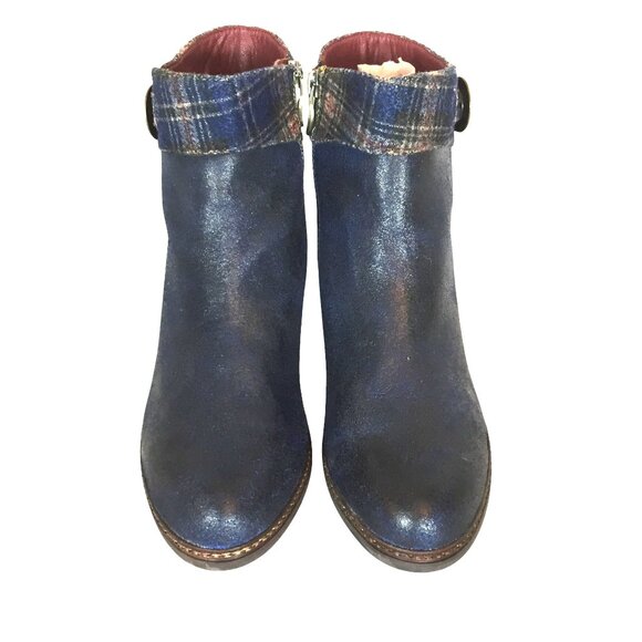 Spring Step LArtiste Scotala Heeled Ankle Boot 10/41 Navy Blue Plaid Leather Zip - Picture 2 of 13